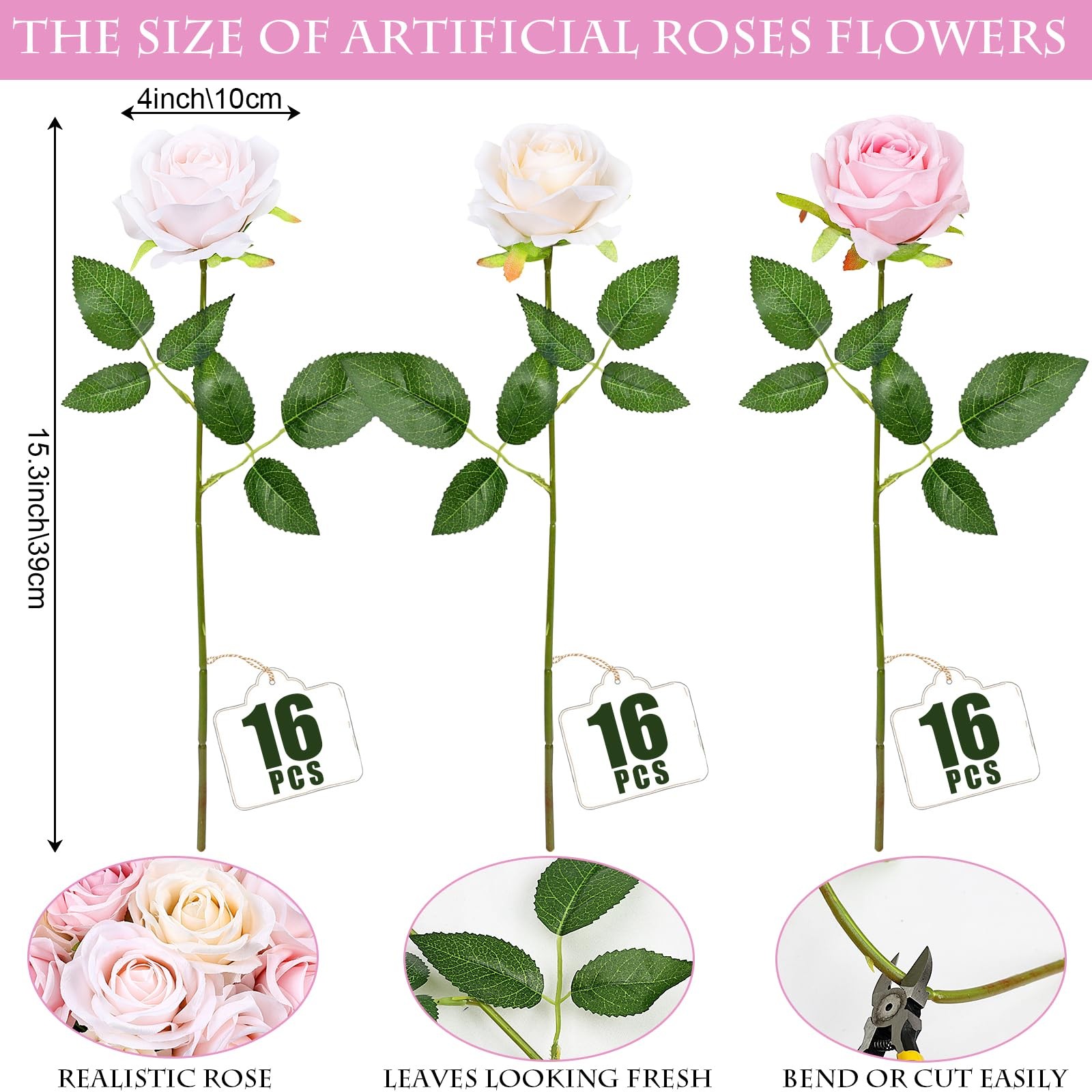 48 PCS Champagne & Pale & Light Pink Roses Artificial Flowers
