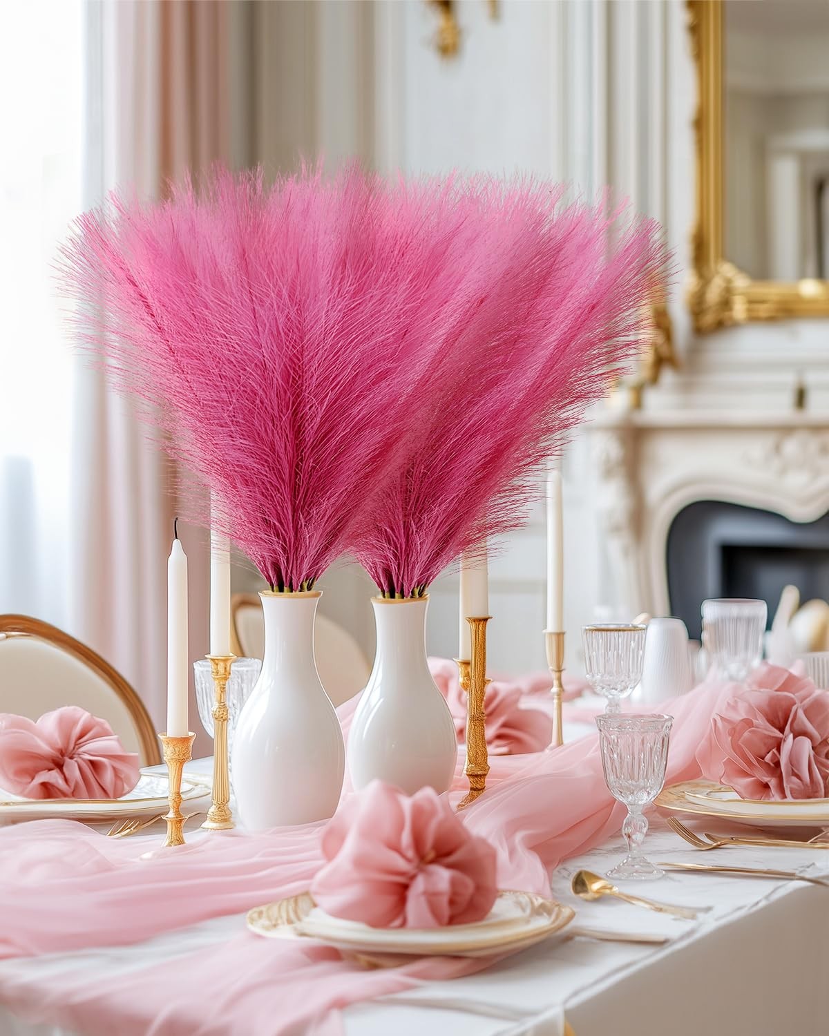 60pcs Faux Pampas Grass Decor, 17.7inch Hot Pink Short Artificial Pompous Gra…
