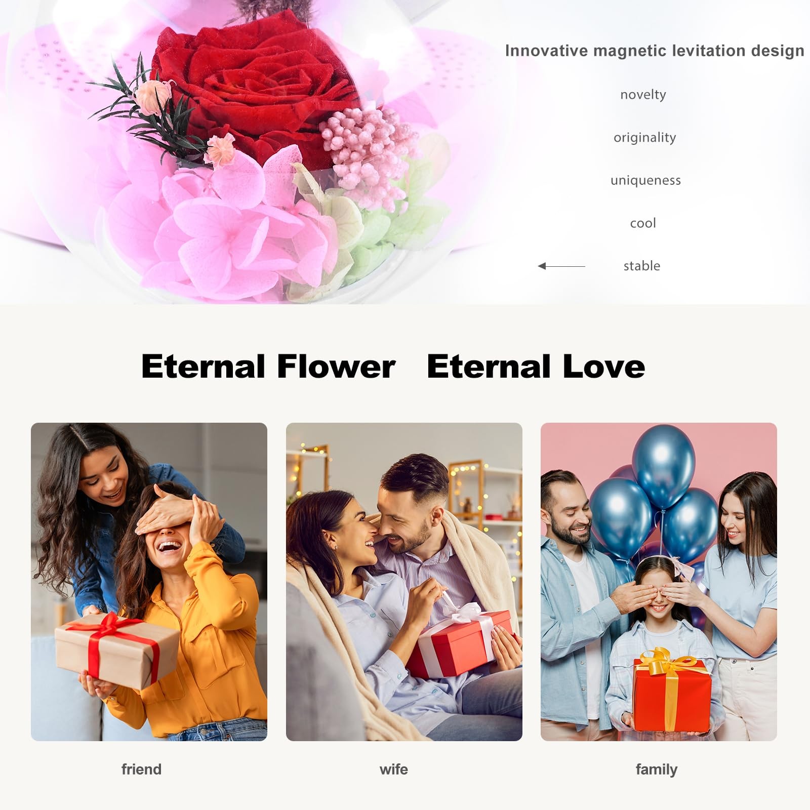 Heart Preserved Rose Flowers with Bluetooth Speakers, 5W Pink Magnetic Levita…