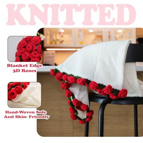 Completed Crochet Rose Flower Bouquet Blanket, Handmade Knitted Medium White