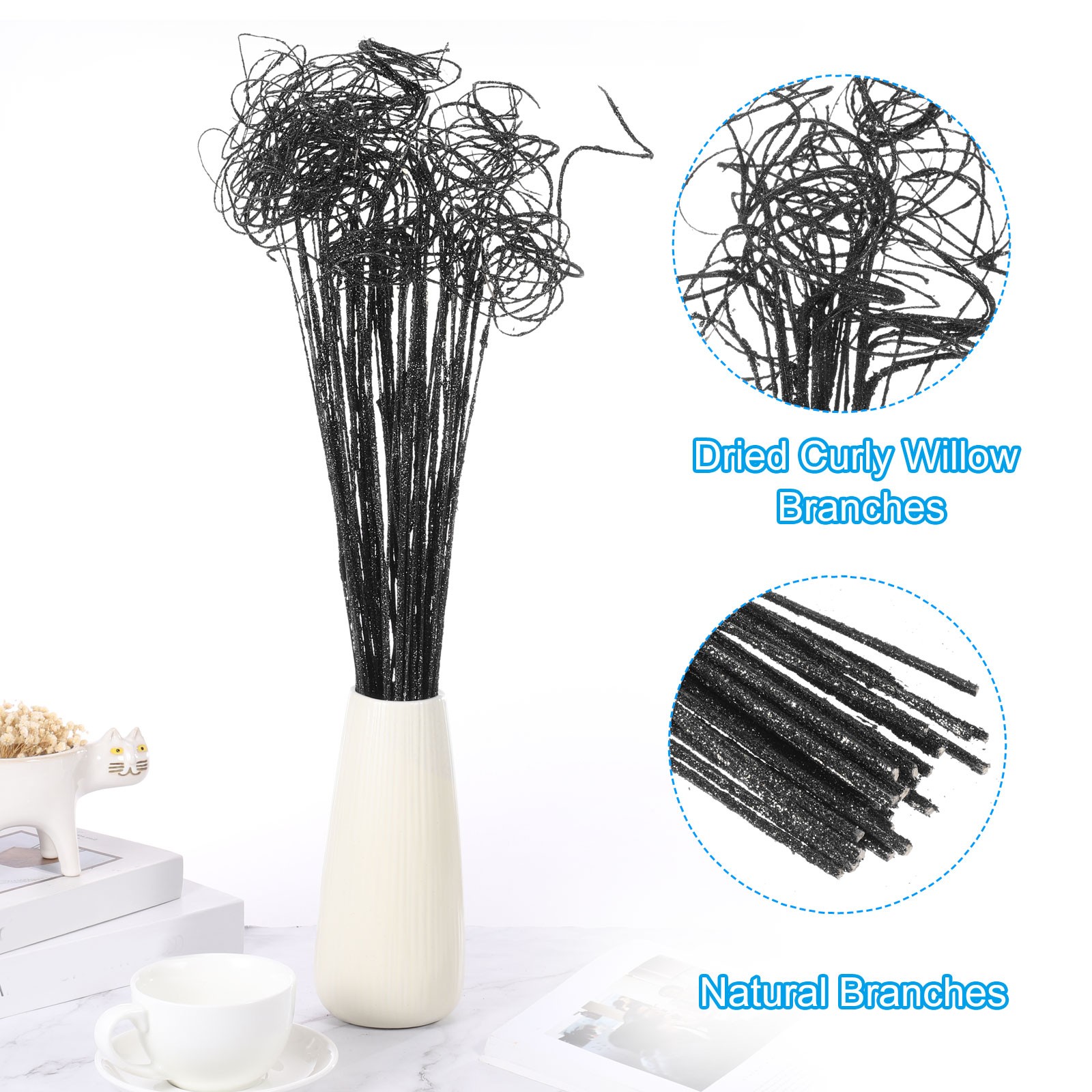 30 Pcs Glitter Dried Curly Willow Branches Natural Branches Twigs, Black
