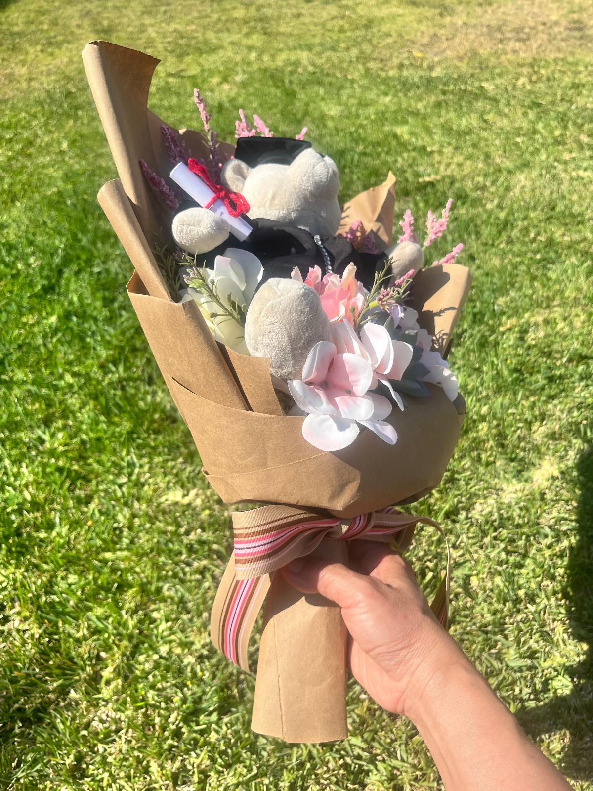 Hand Made Graduation Plush Bear Pink Artificial Flower Bouquet & Matching Ribbon