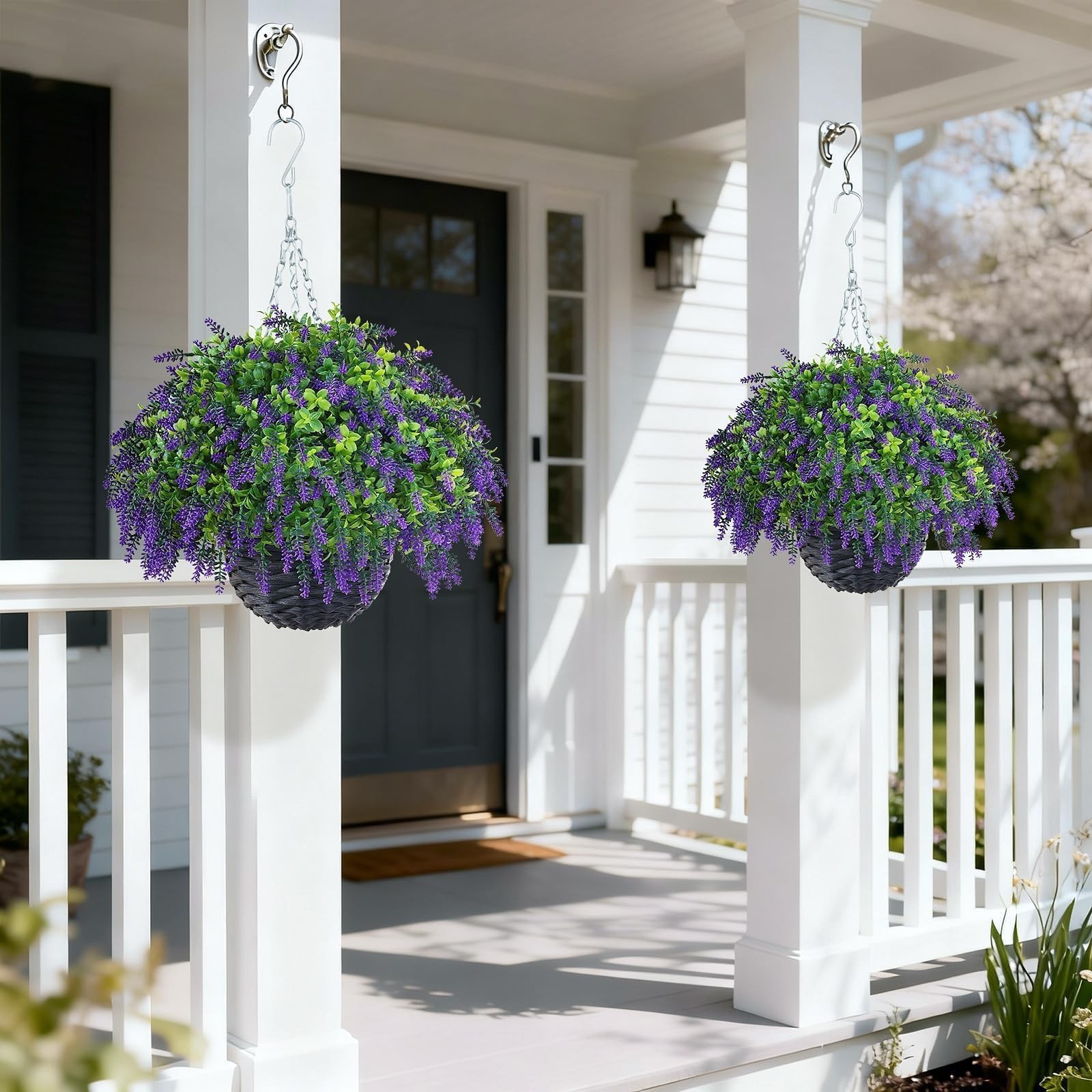 Artificial Lavender and Boxwood Hanging Basket – 2 Set for Outdoor Decoration…