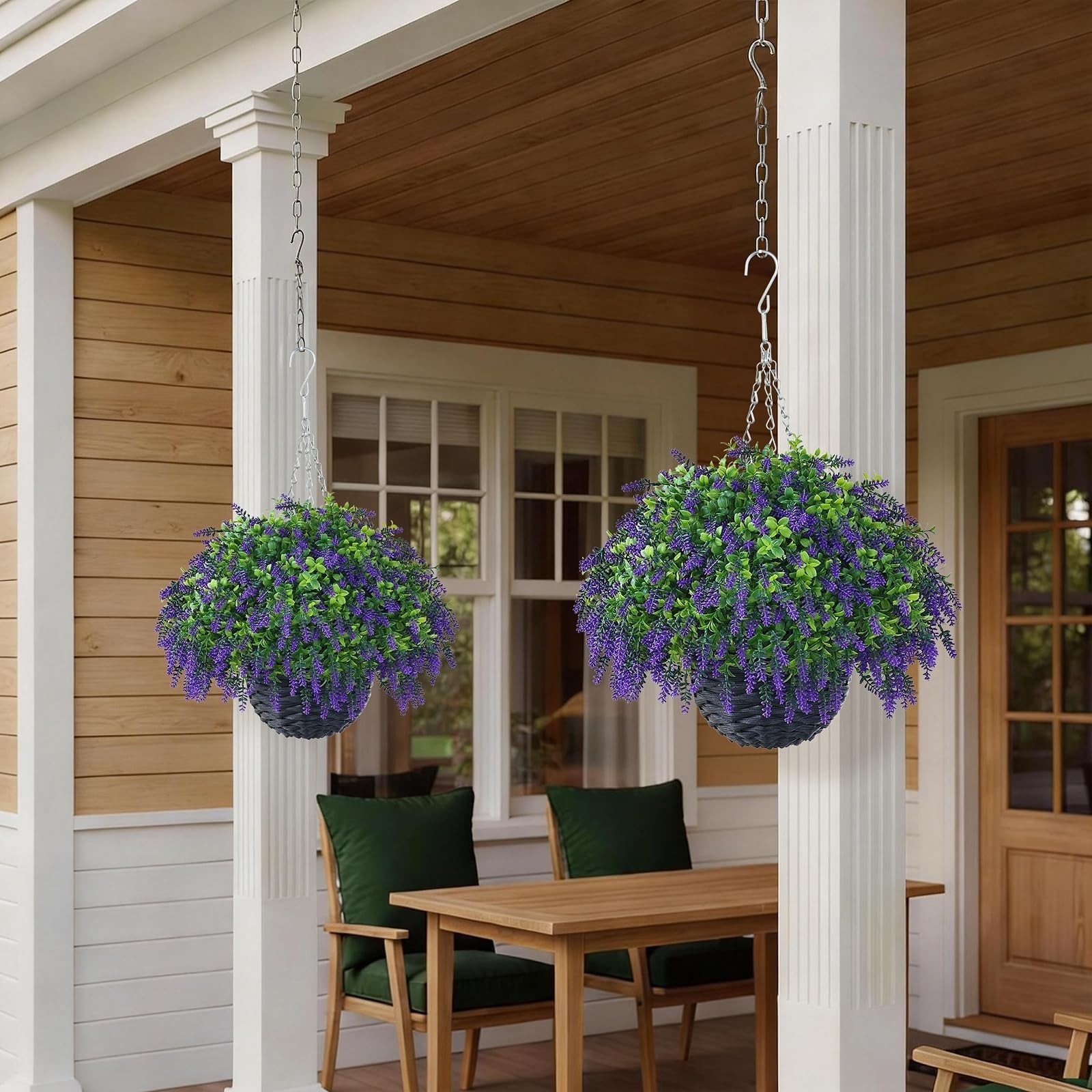 Artificial Lavender and Boxwood Hanging Basket – 2 Set for Outdoor Decoration…
