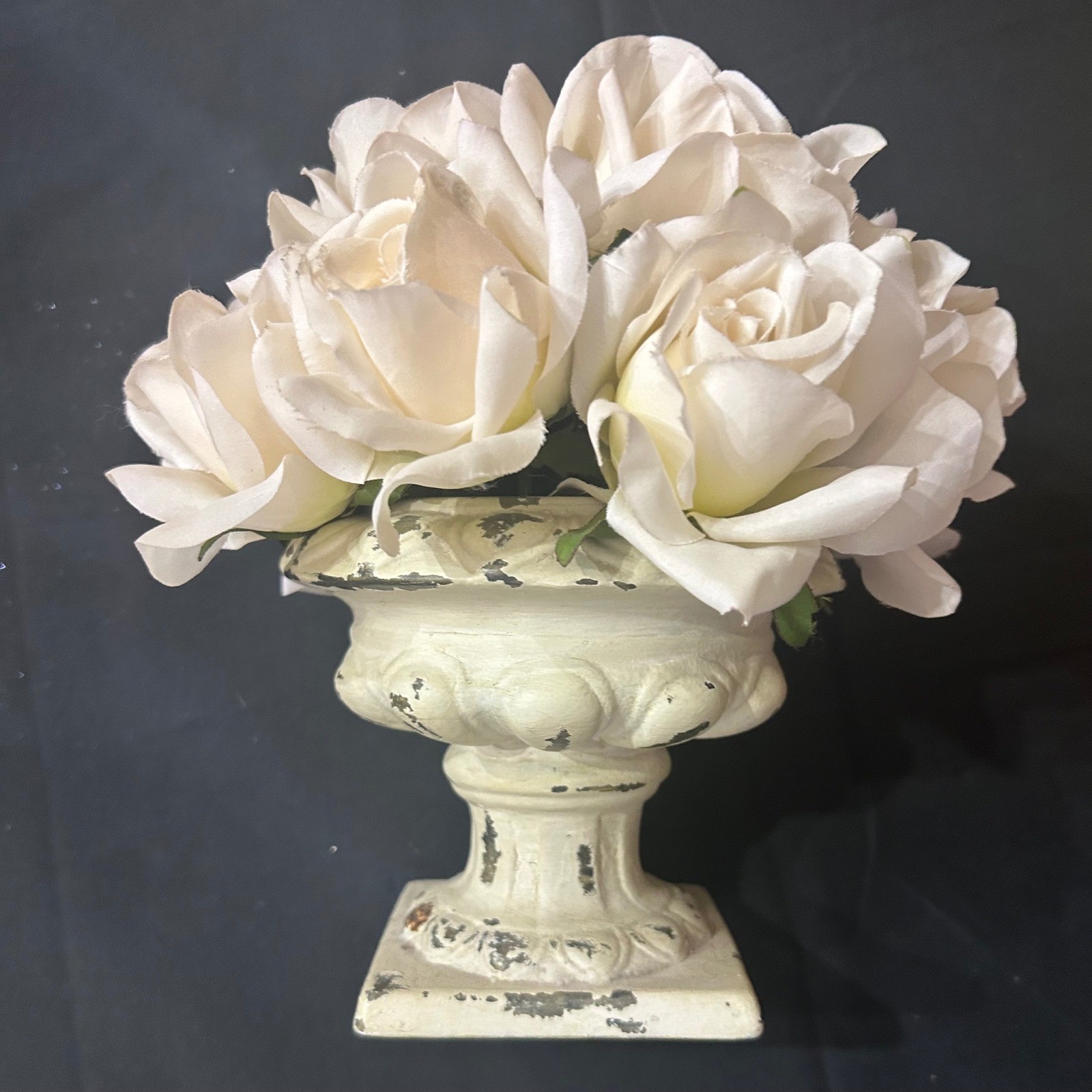 Distressed Cream Urn Planter w/White Faux Roses French Country Floral Home Decor