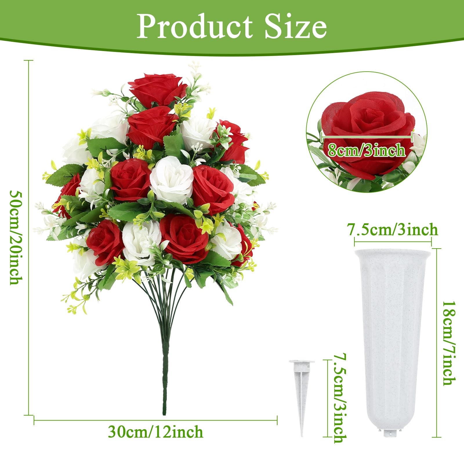 2pcs Artificial Cemetery Flowers with Vase, Silk Memorial Day Rose Flowers Bo…