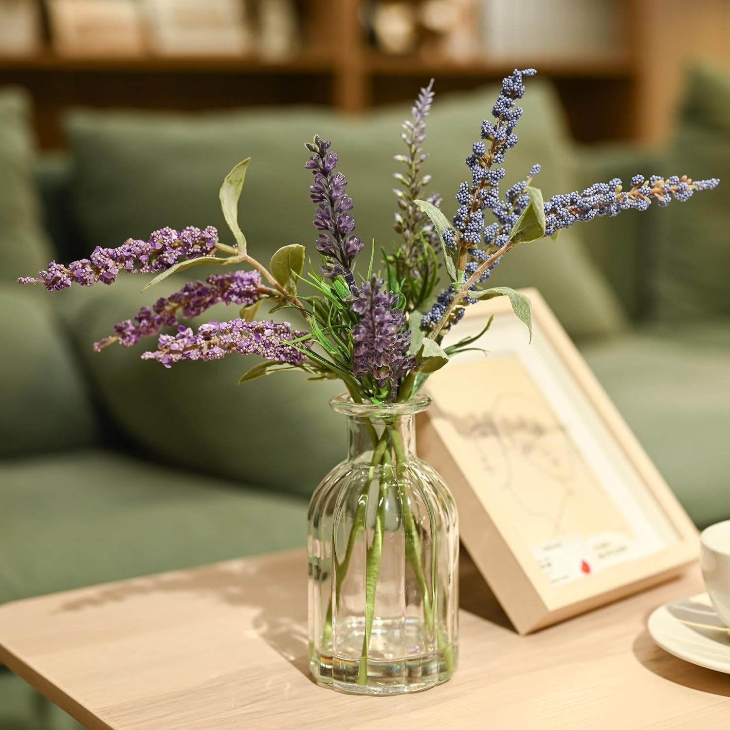 Artificial Lavender in Glass Vase Faux Water Blue Purple Silk Fake Flower Plant
