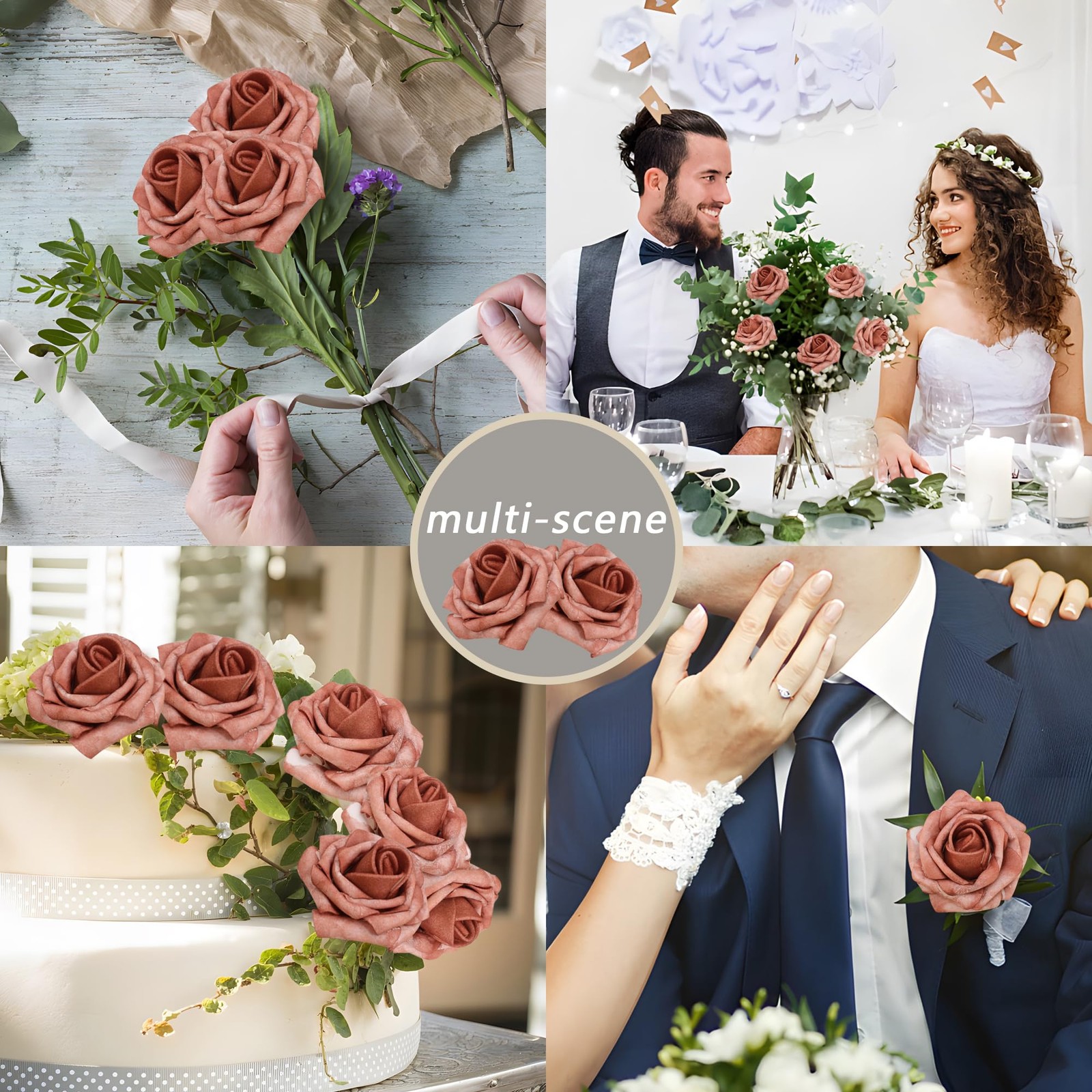 50PCS Warm Taupe Artificial Roses, Real Looking Foam Flowers, Leaves, DIY
