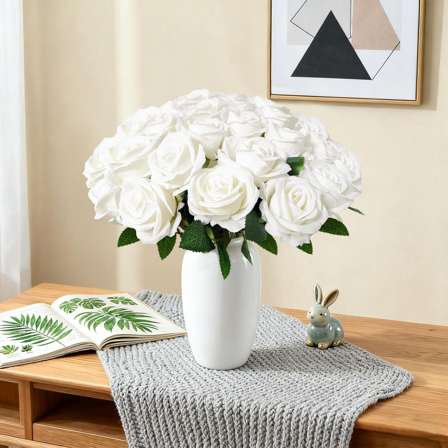 50Pcs White Roses Artificial Flowers with Stems，Fake Roses Bouquet Fake Flowers