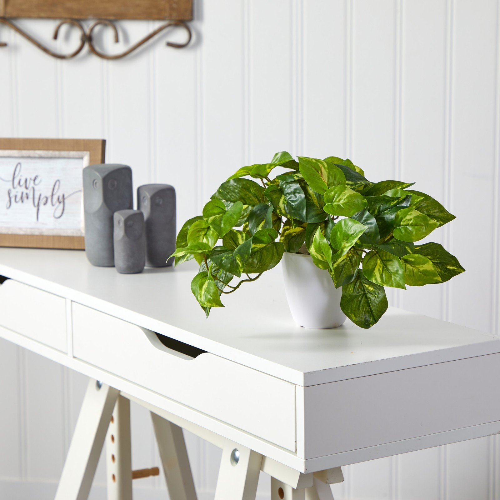 9 Inch Pothos Artificial Plant Real Touch Green Leaves White Planter Decor
