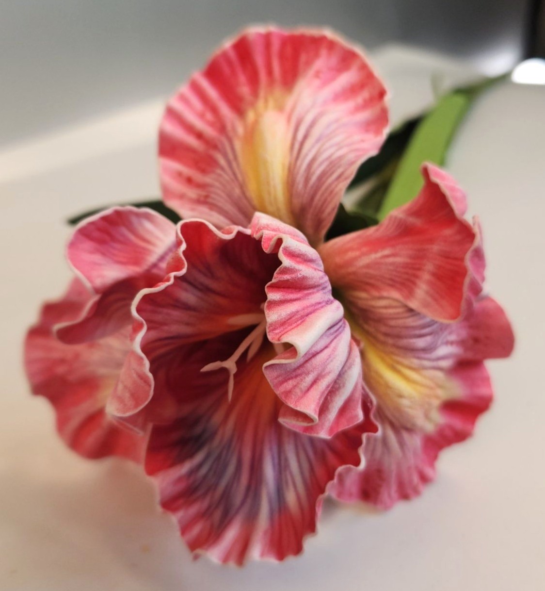 Artificial Iris Flower 33 Inch Tall Pink Faux Iris Stem Hand Painted Look Floral
