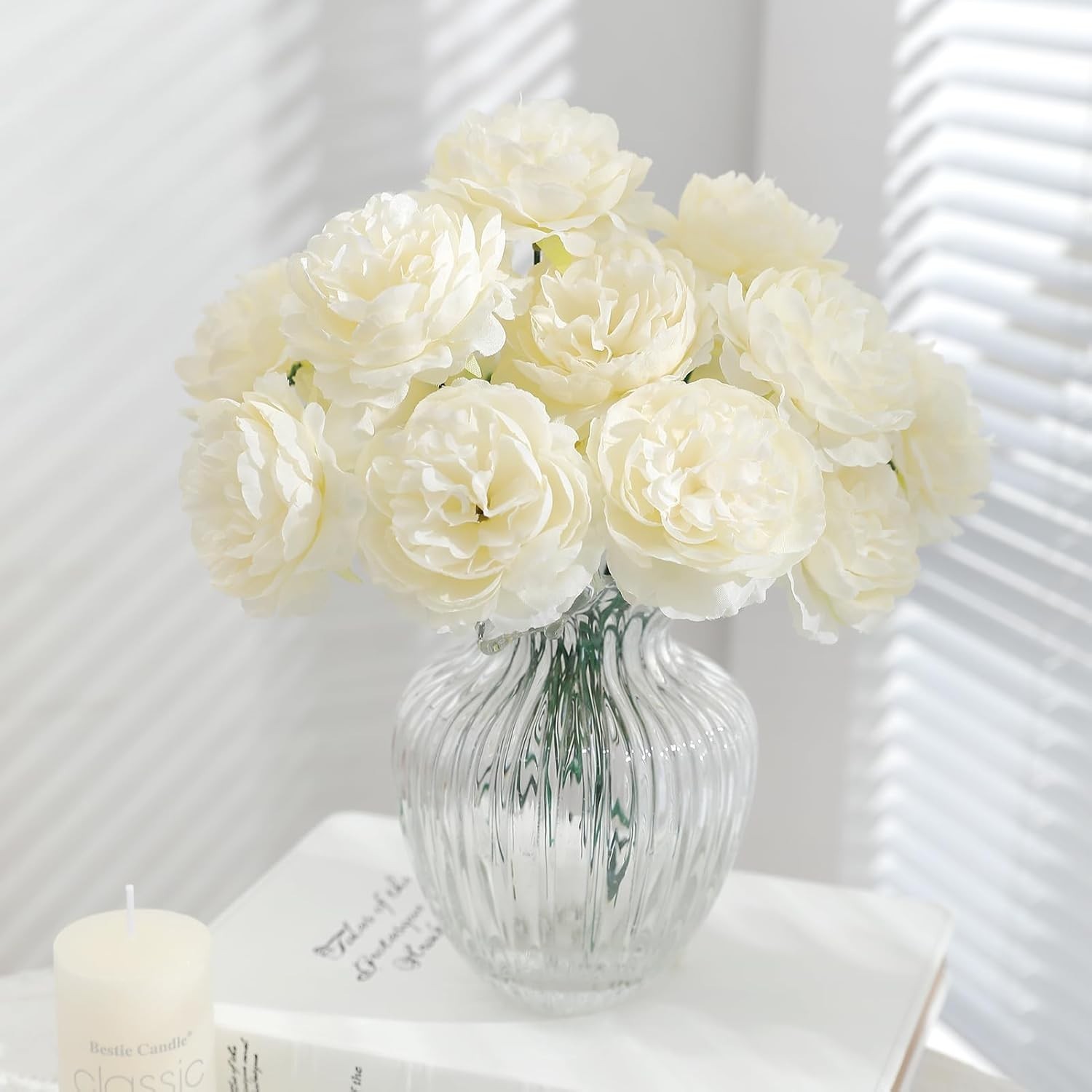 12 PCS Artificial Silk Ivory Peony Flowers with Stems – 8 Inch Fake Peony Bou…