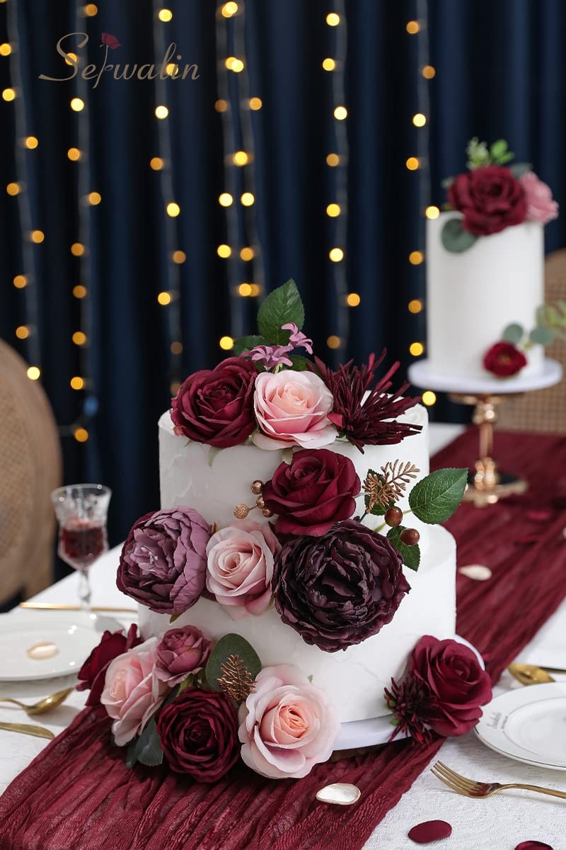 Burgundy, Pink Artificial Flowers, Fake Rose Silk, Wedding Bouquets, Center