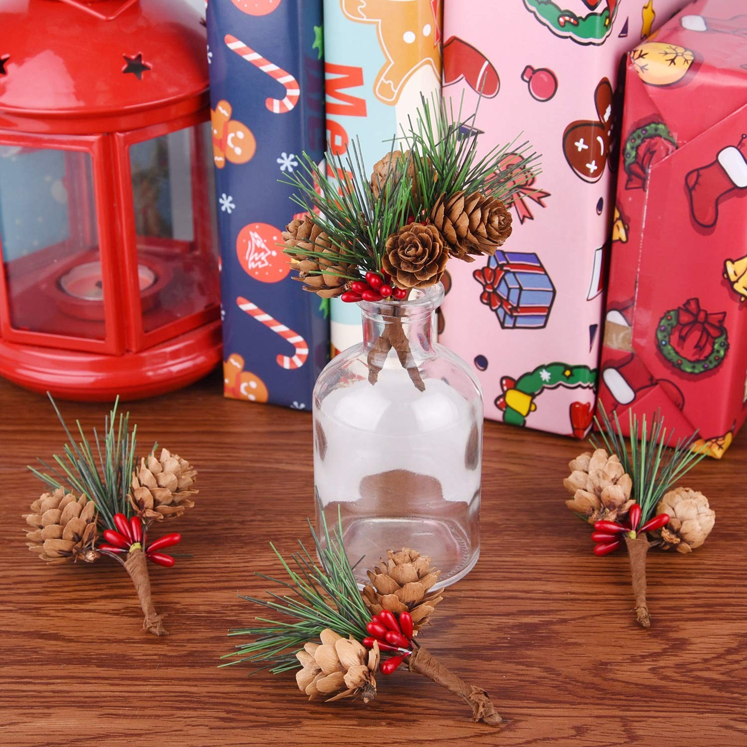 15 PCS Artificial Pine Cone Picks Red Berry Mini Tree Christmas Wreath Decor
