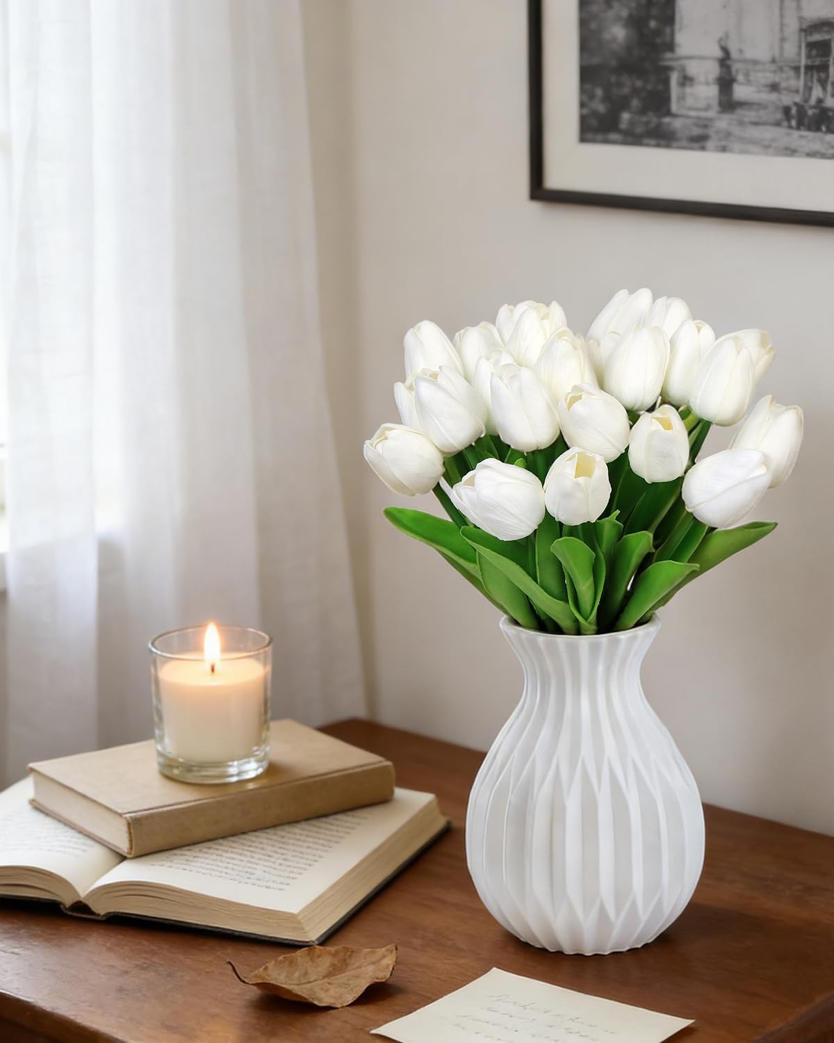 25 Pcs White Tulips Artificial Flowers PU Fake Flowers Real Touch Tulips Flow…
