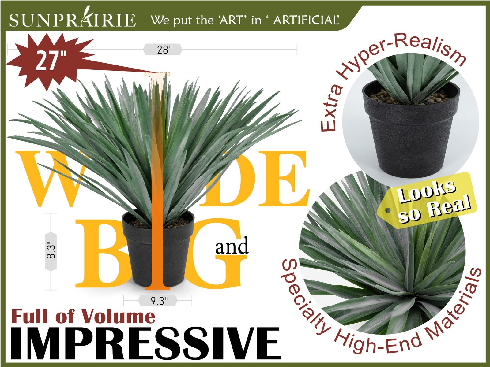 27 inches Tall Artificial Agave Plant in Black Pot with Real Stone Pebbles, 1…