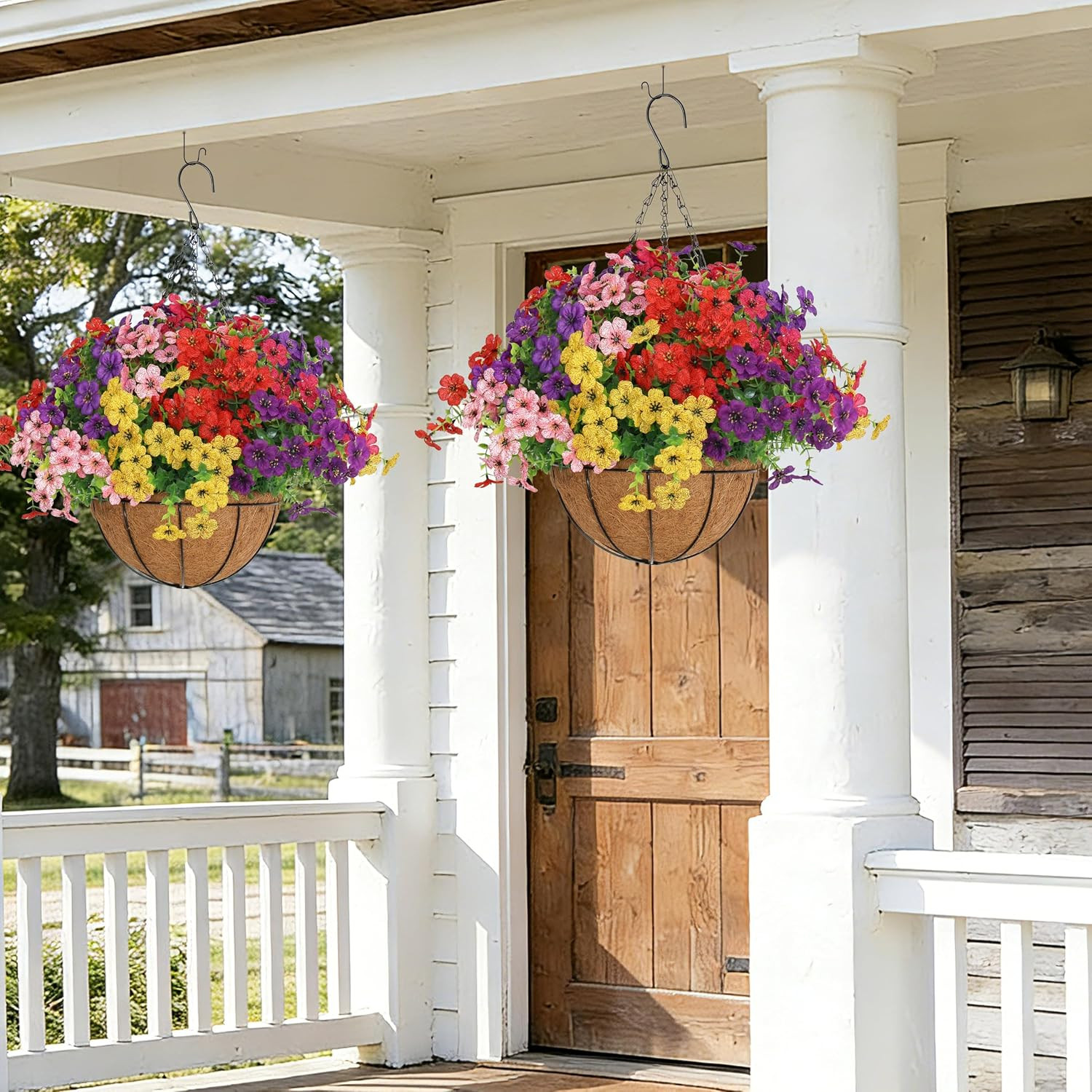 2 Set Artificial Hanging Flowers with Basket for Outdoor Decor, UV Resistant 24