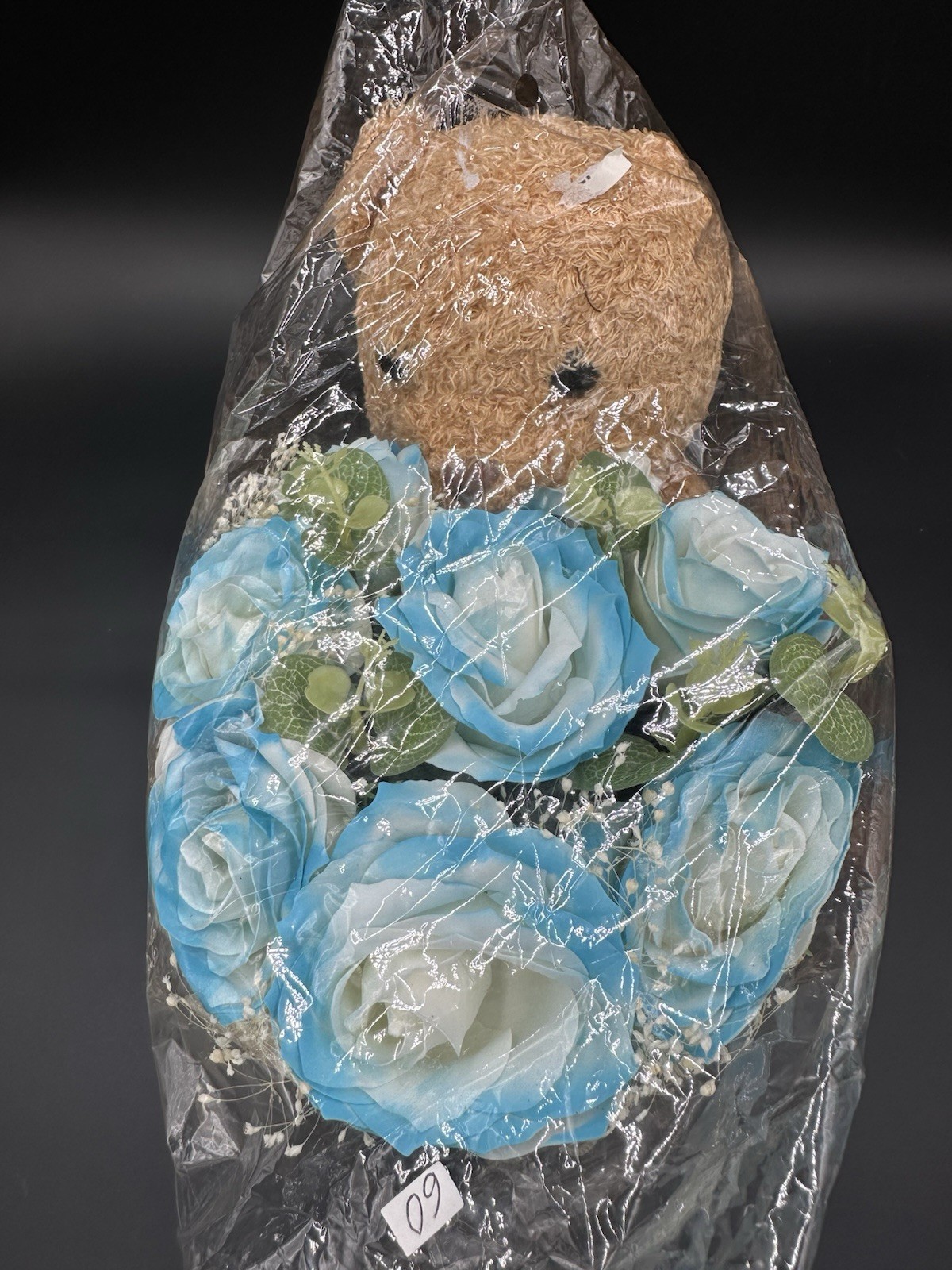 Teddy Bear with Blue Rose Flower Basket Gift Wrapped – Valentine Birthday Decor