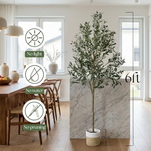 6ft Dense Leaves Artificial Olive Tree with Woven Basket – Realistic 5ft 11in