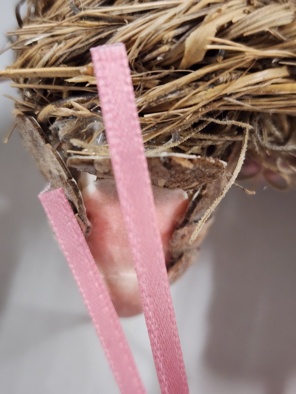 Vintage Small Bird Nest Wreath Wall Hanging Cottagecore Floral Pink Ribbon