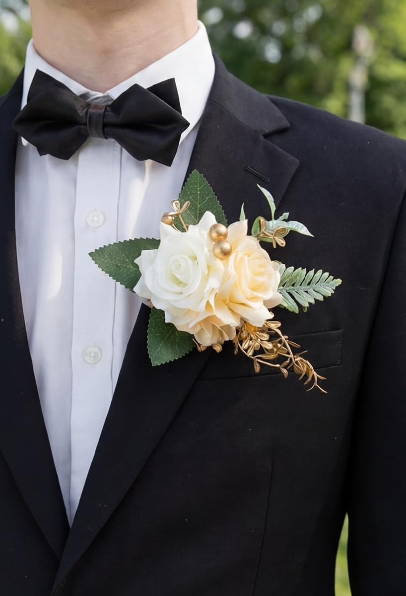 Champagne Corsage and Boutonniere Set for Wedding Prom, Artificial Rose Flowe…