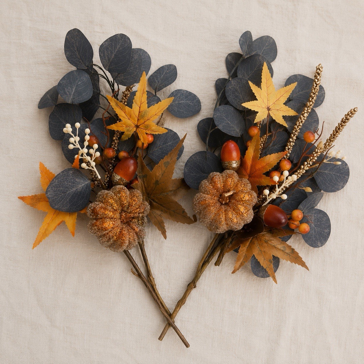 Set of 2 Fall Floral Picks Pumpkin Eucalyptus Autumn Harvest Arrangement