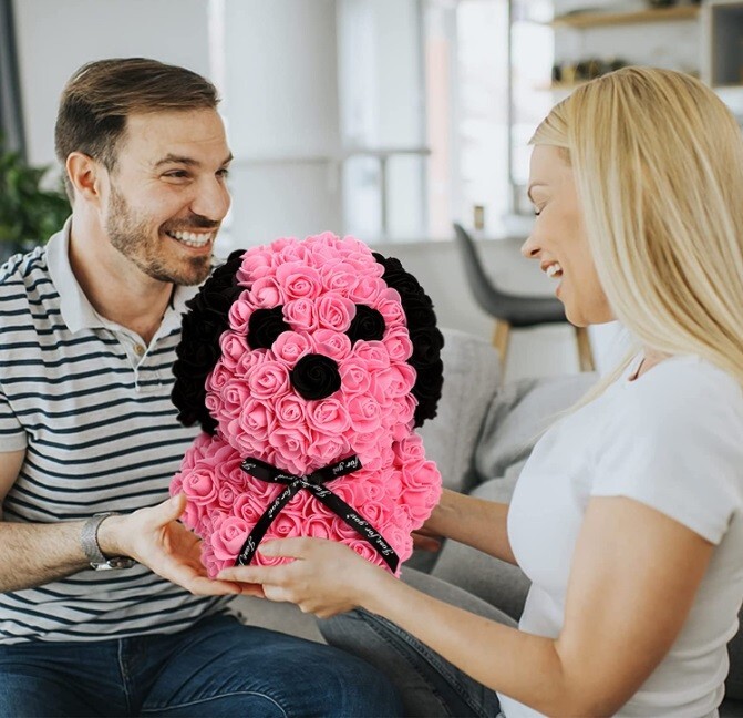 Rose Dog, Artificial Rose Flowers Dog with Clear Gift Box, Valentine’s Day,