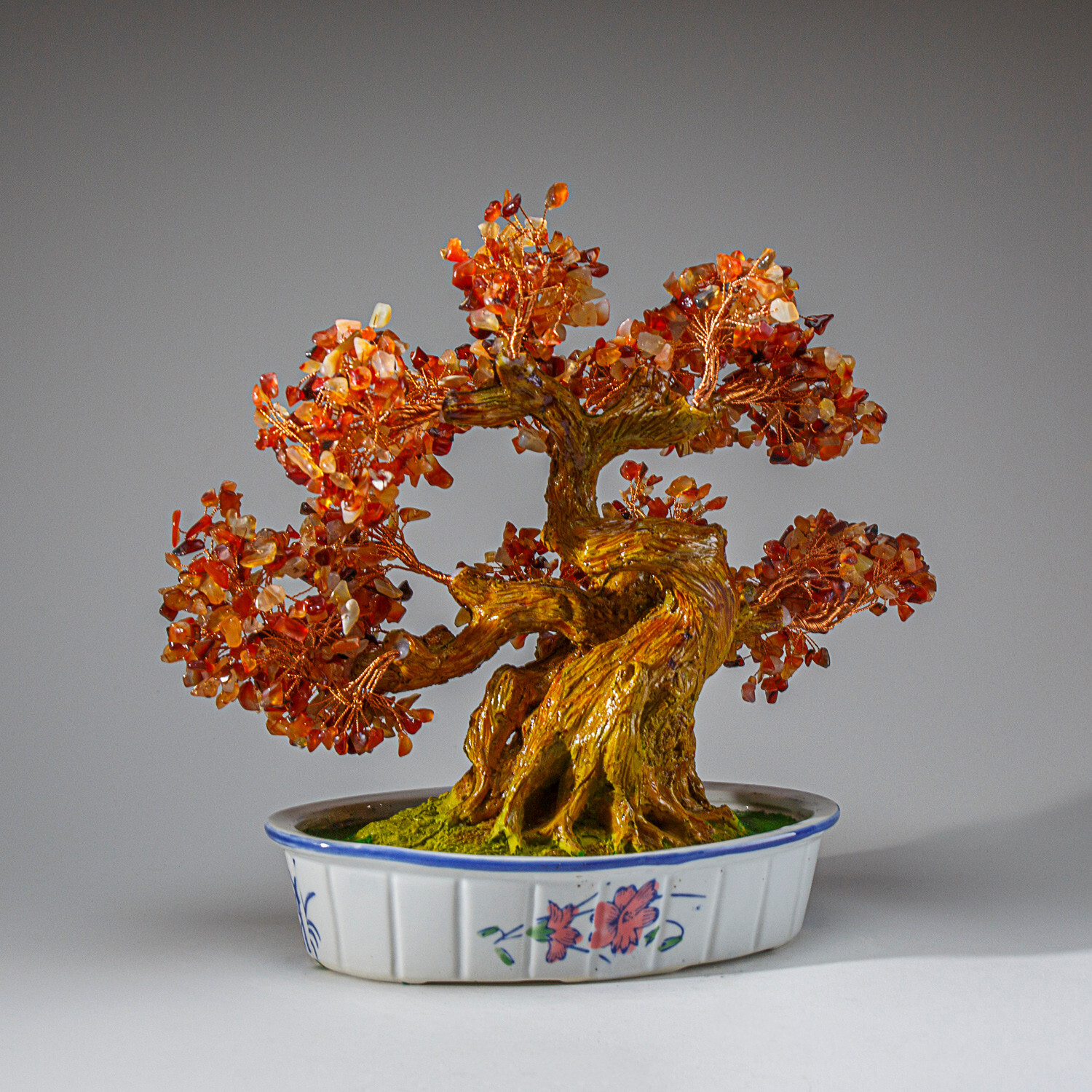 Genuine Carnelian Bonsai Tree in Oval Ceramic Pot (11” Tall)