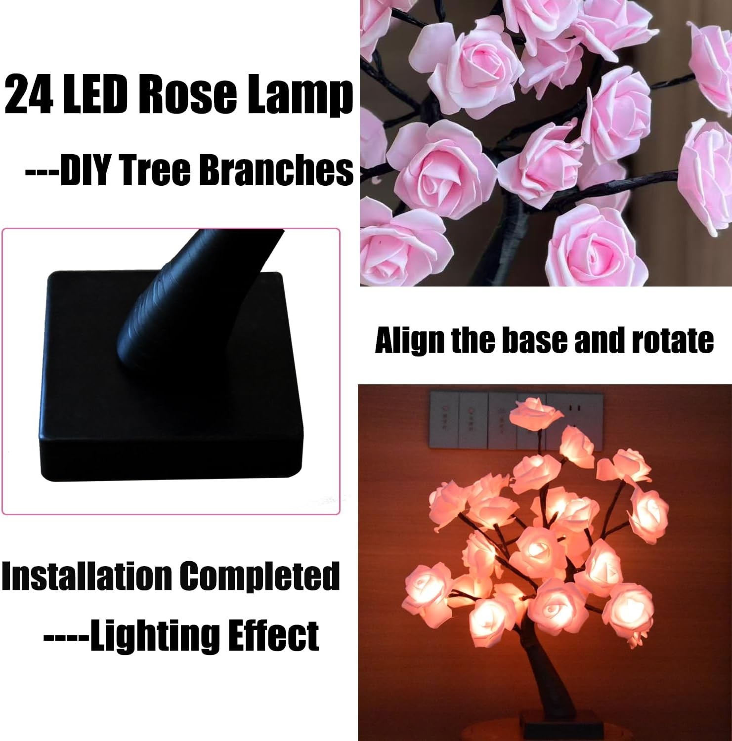 24 LED Pink Rose Tree Light, Artificial Bonsai Flower Table Lamp, USB Battery…