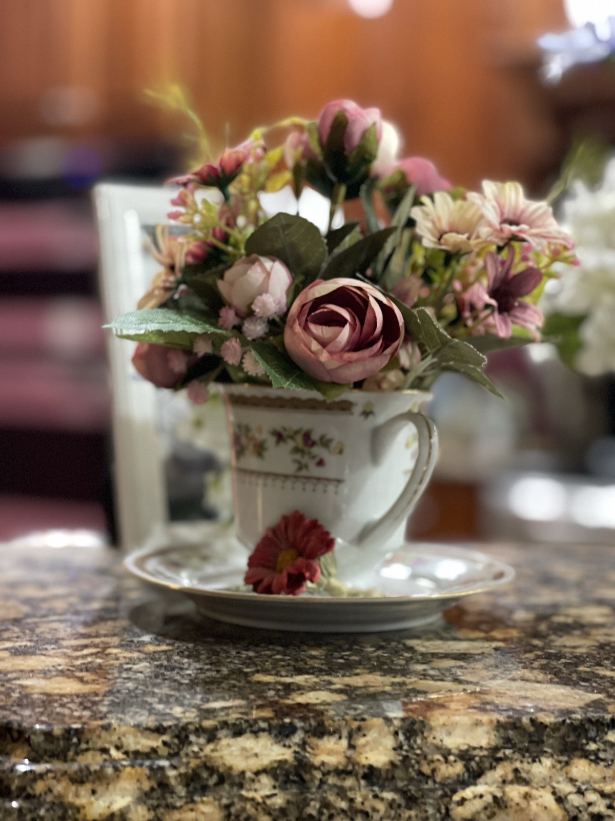 Hand Crafted Tea Cup Flower Arrangement.