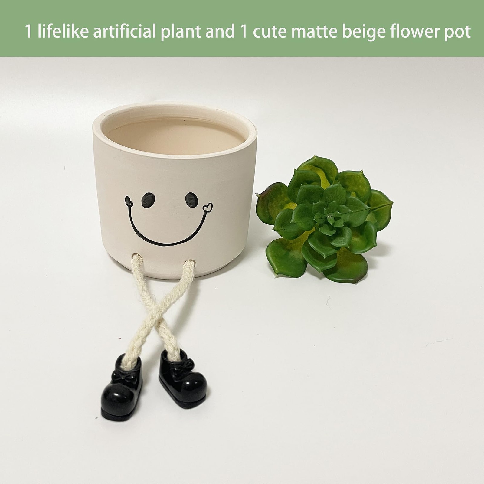 Small Fake Plants Office Decor, Cute Smiling Ceramics Planter with Artificial…