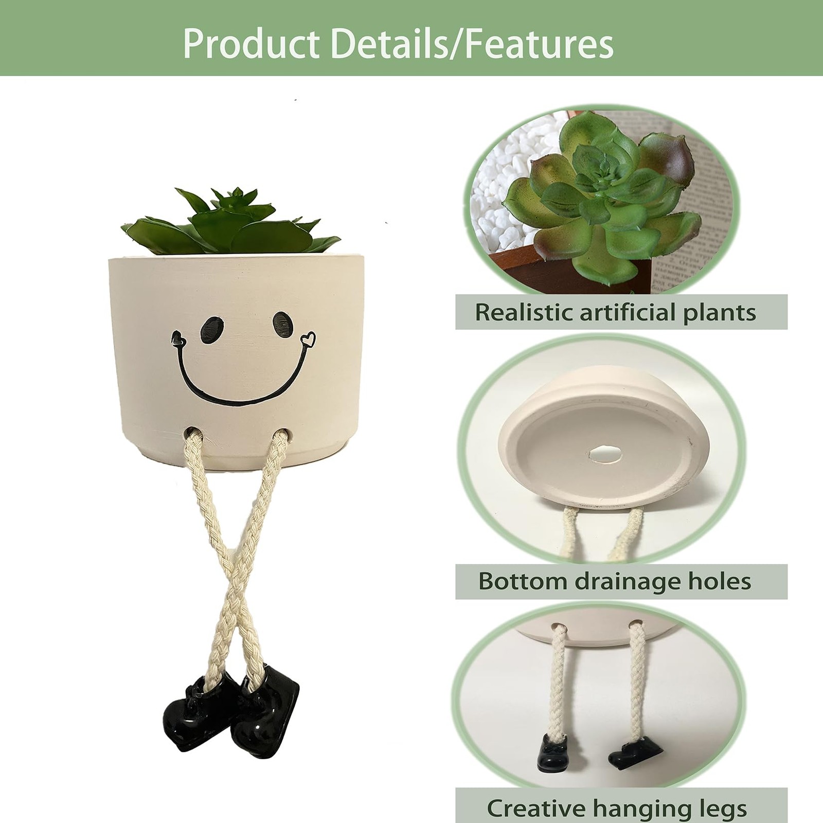 Small Fake Plants Office Decor, Cute Smiling Ceramics Planter with Artificial…