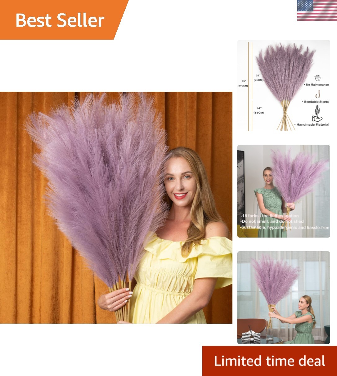 Luxurious 6-Stem Faux Pampas Grass – 43″ Light Purple Decor for Elevating Spaces