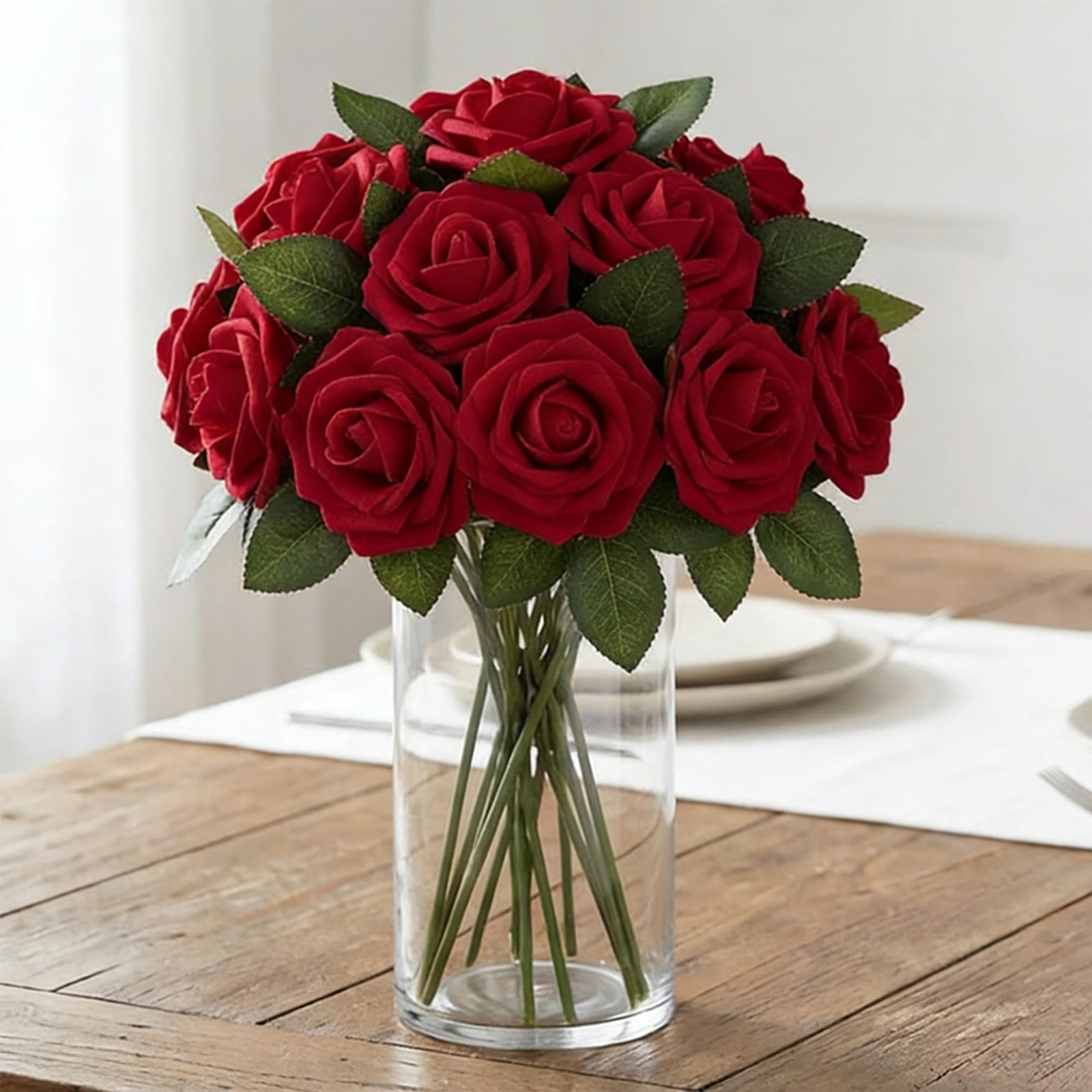 100Pcs Real Looking Burgundy Artificial Rose Flower Heads, Foam Fake Roses fo…
