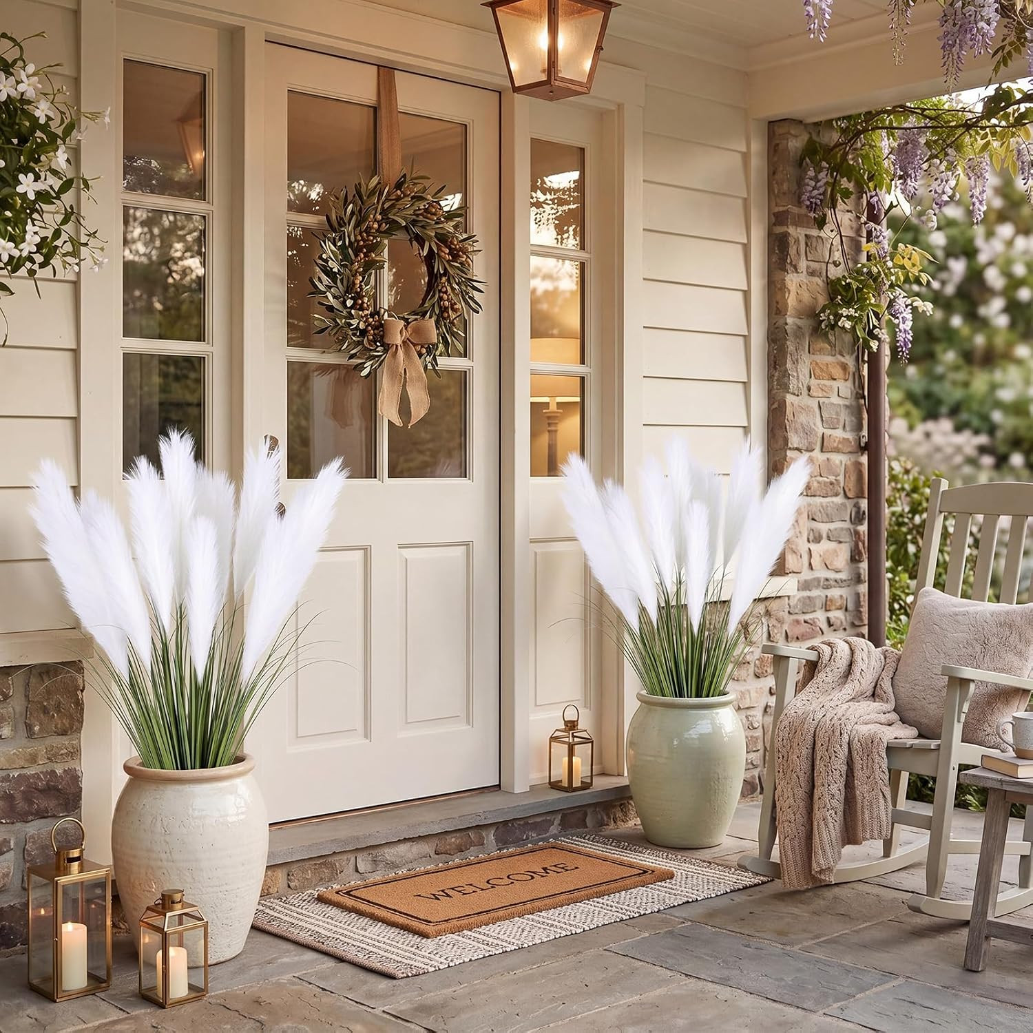 6Pcs 39″ Large Artificial Plants with 3 Heads White Faux Fake Reed Pampas Grass