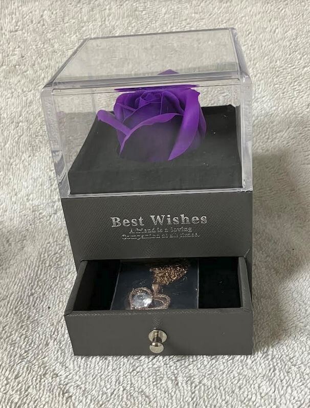 Preserved Purple Rose in Box with Heart Necklace- Gift of Eternal Love-New