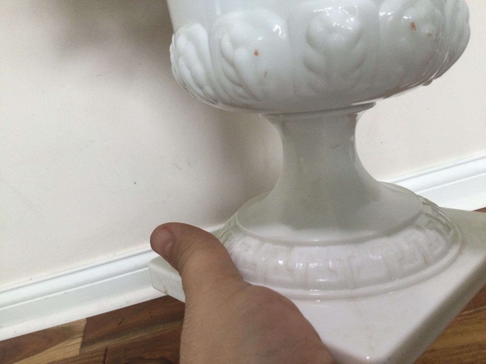 E.O. Brody Co. White Milk Glass 9″ Vase Planter Grecian Urn silk Lily floral