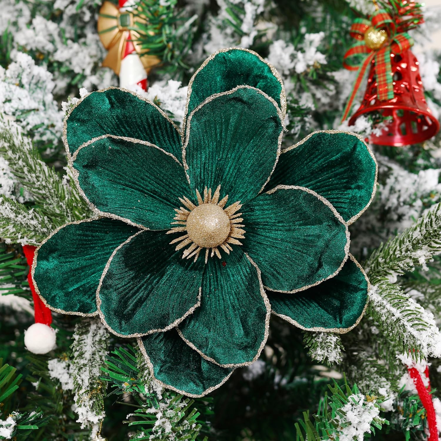 6 PCS Blackish Green 10 In Glitter Artificial Magnolia Christmas Flower Set