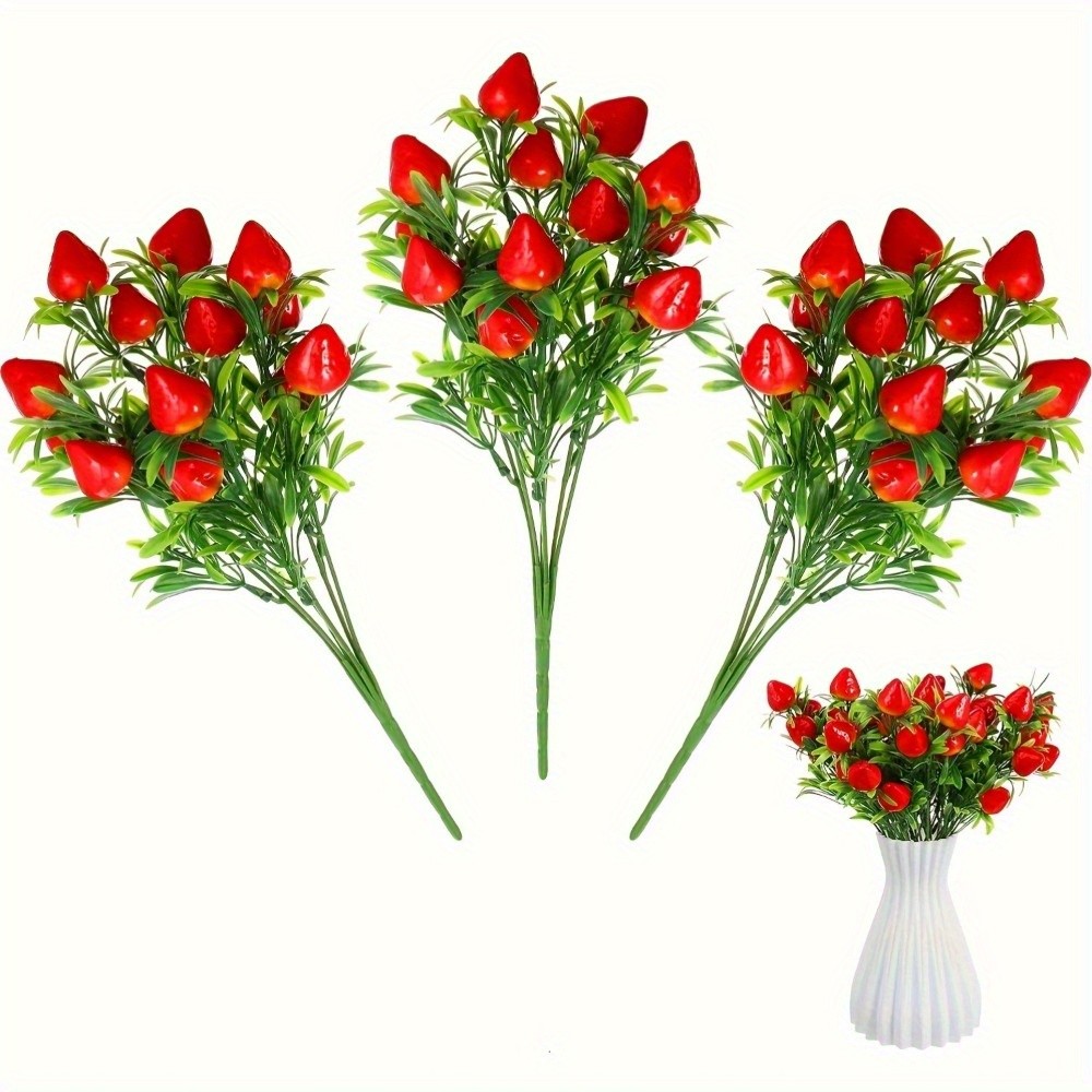 3Pcs 7-Pronged Artificial Strawberry Bunches Fake Flowers for Home Holiday Decor