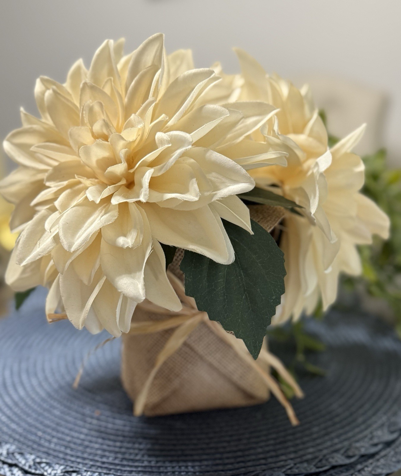 Cream Faux Dahlia Floral Arrangement Burlap Wrapped Vase Farmhouse Decor