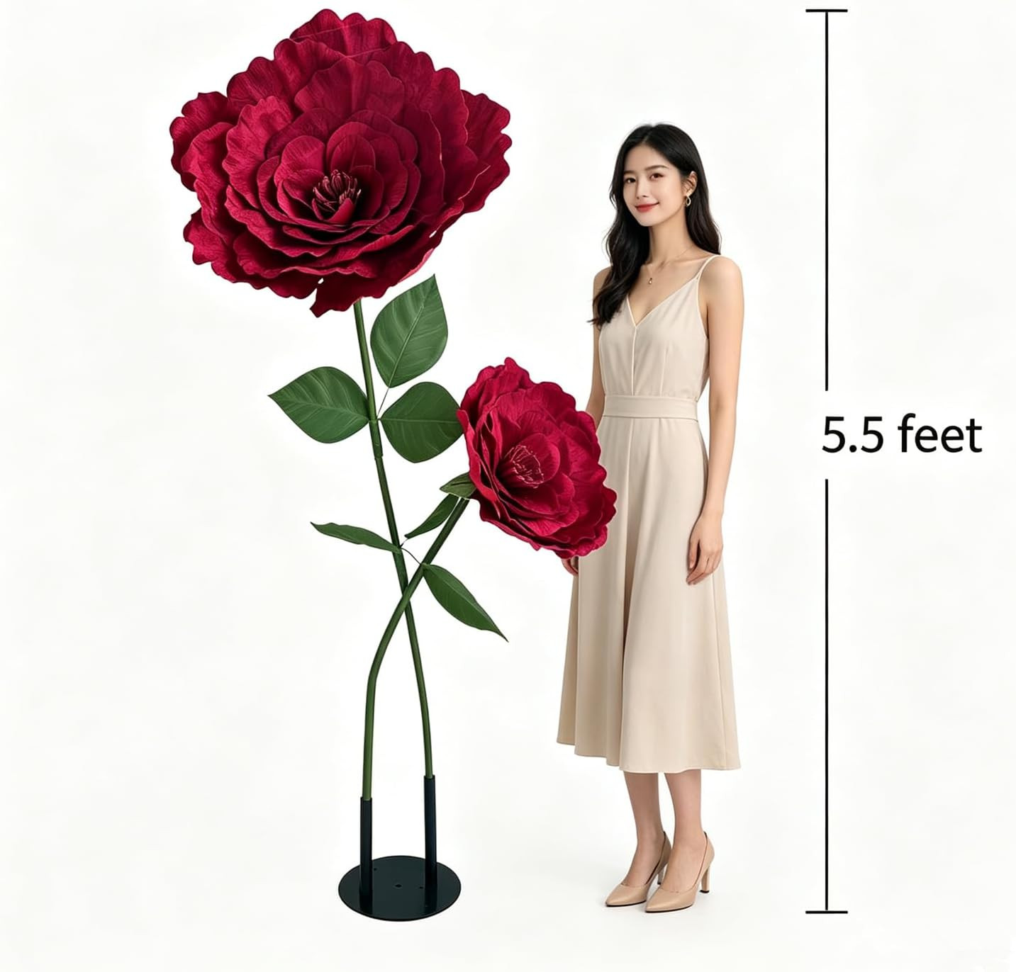 Large Burgundy Velvet Roses with Stand, 5.5FT Tall Giant Artificial Flowers for