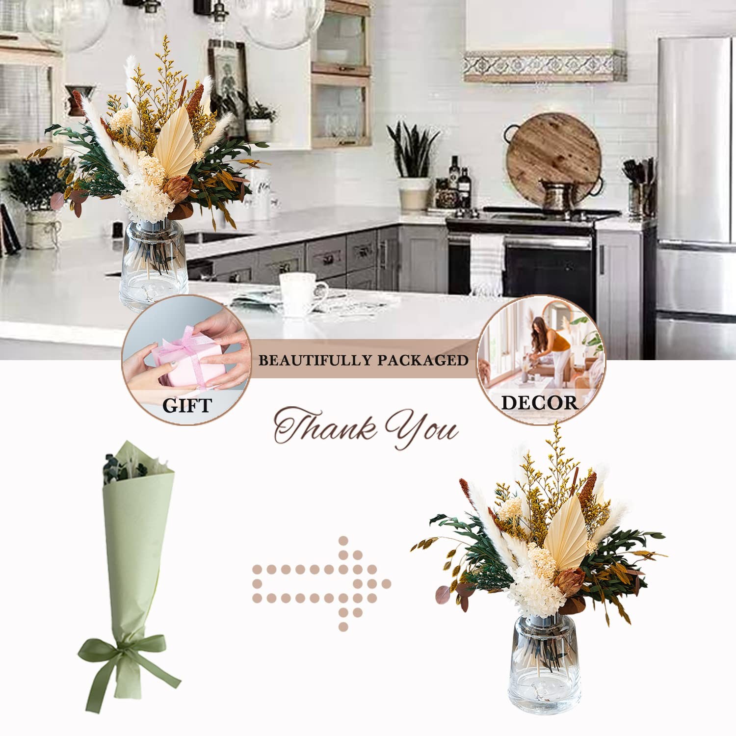Neutral Dried Flower Bouquet, Cream White & Green Boho Dried Floral Arrangeme…
