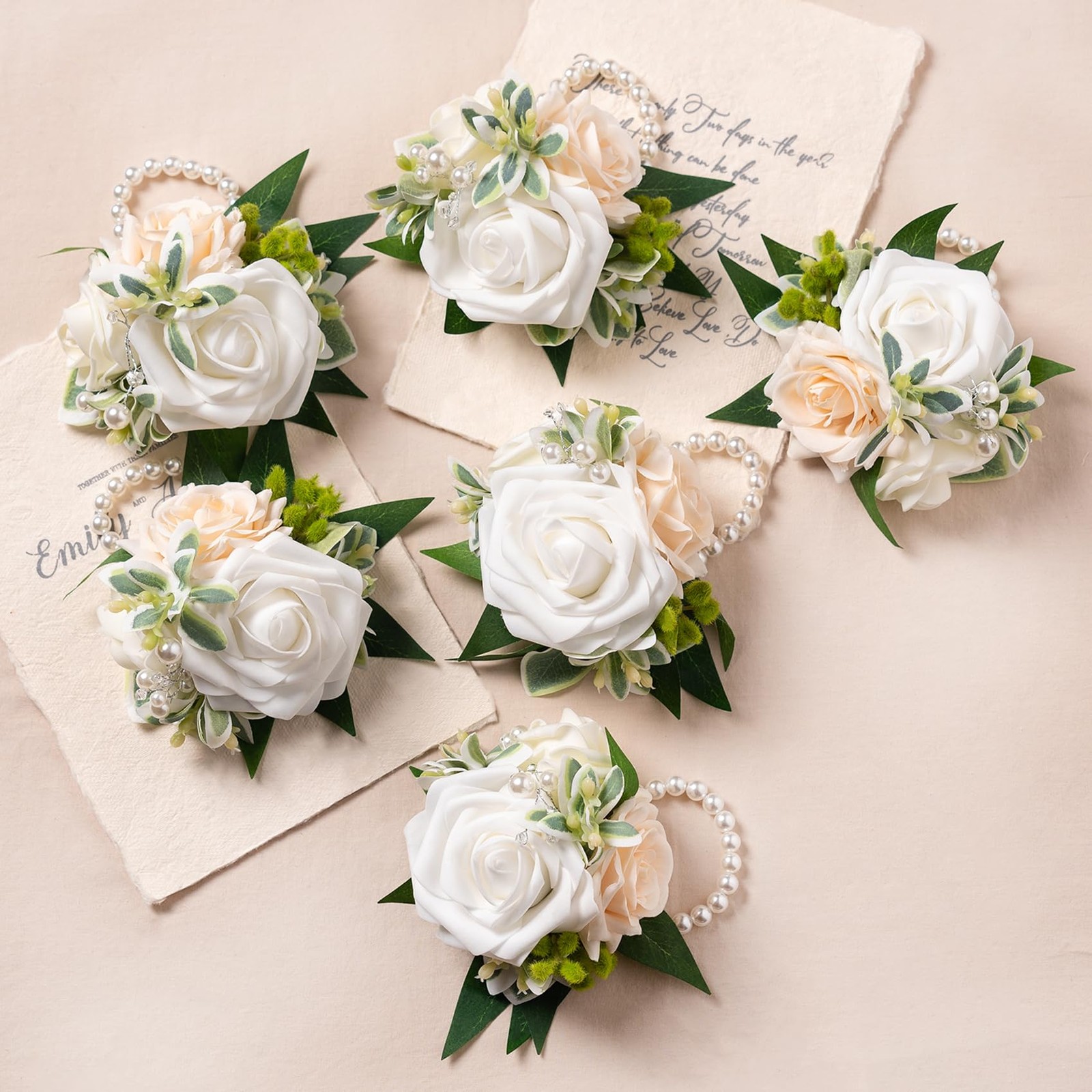 6 PCS White Wrist Corsage Homecoming Flower Girl Bridesmaid Wedding Prom Decor