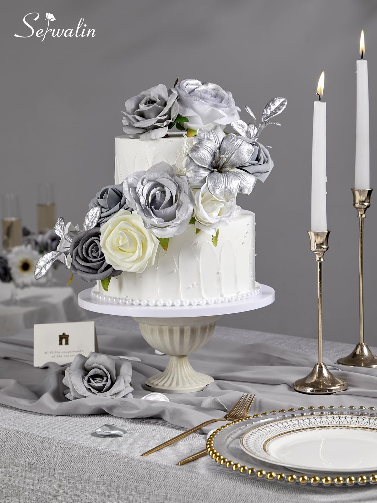 Artificial Flower Silver Grey Roses White Fake Cake Box Set Wedding Decor