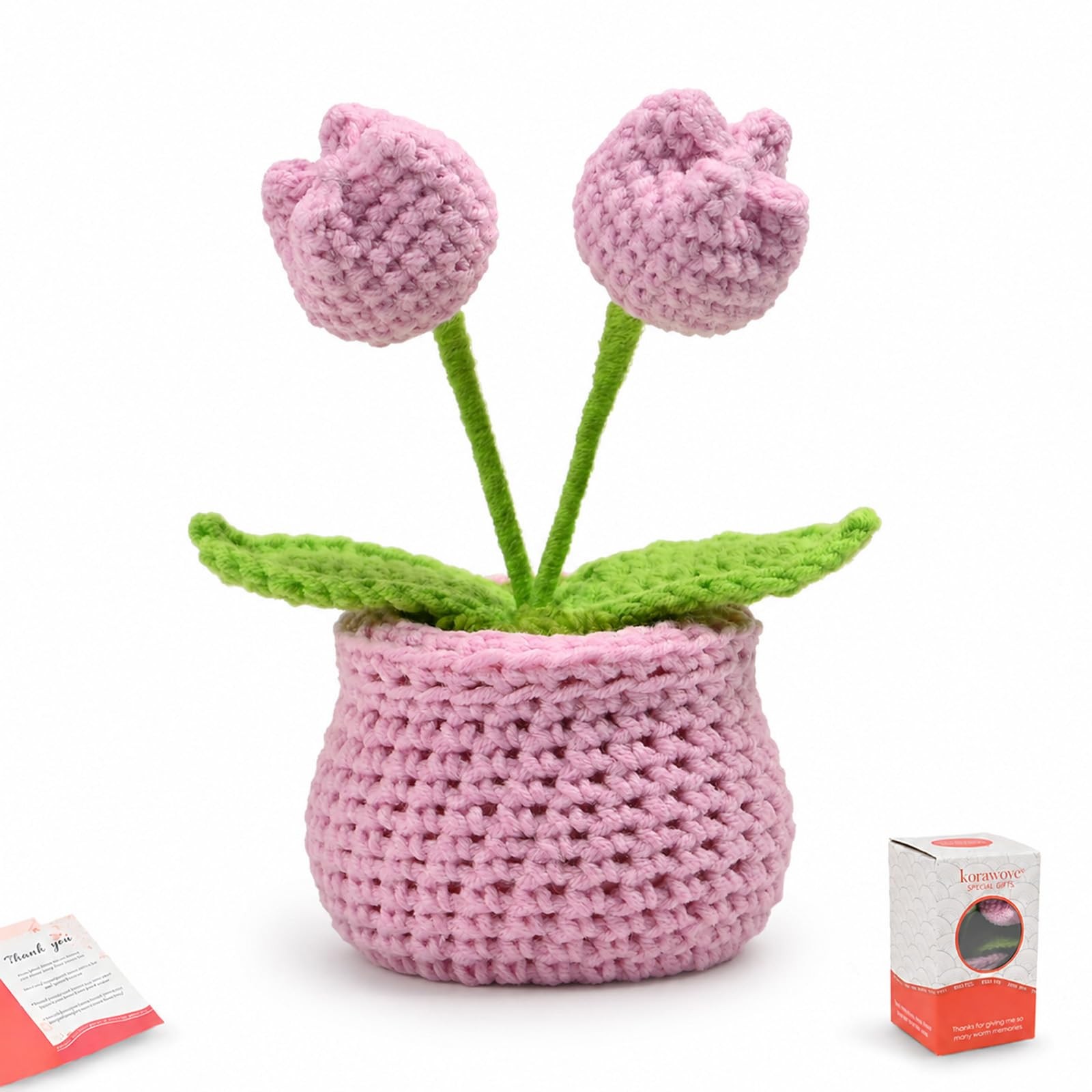 Crochet Tulip Flower Pot Pink Handmade Gift For Women Desk Shelf Decor