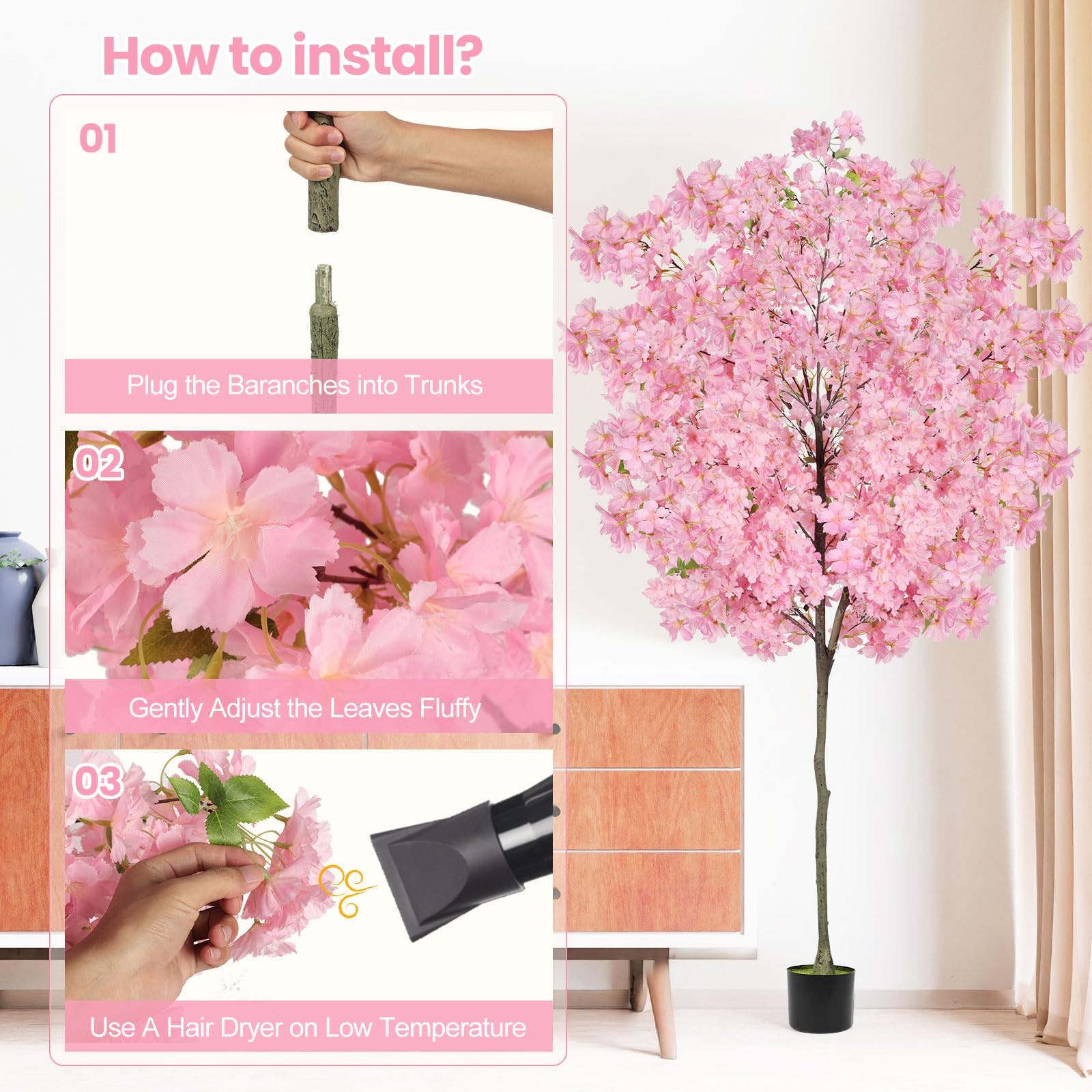 6Ft Tall Cherry Blossom Artificial Tree,Fake Pink Cherry Blossom Tree,Lifelik…