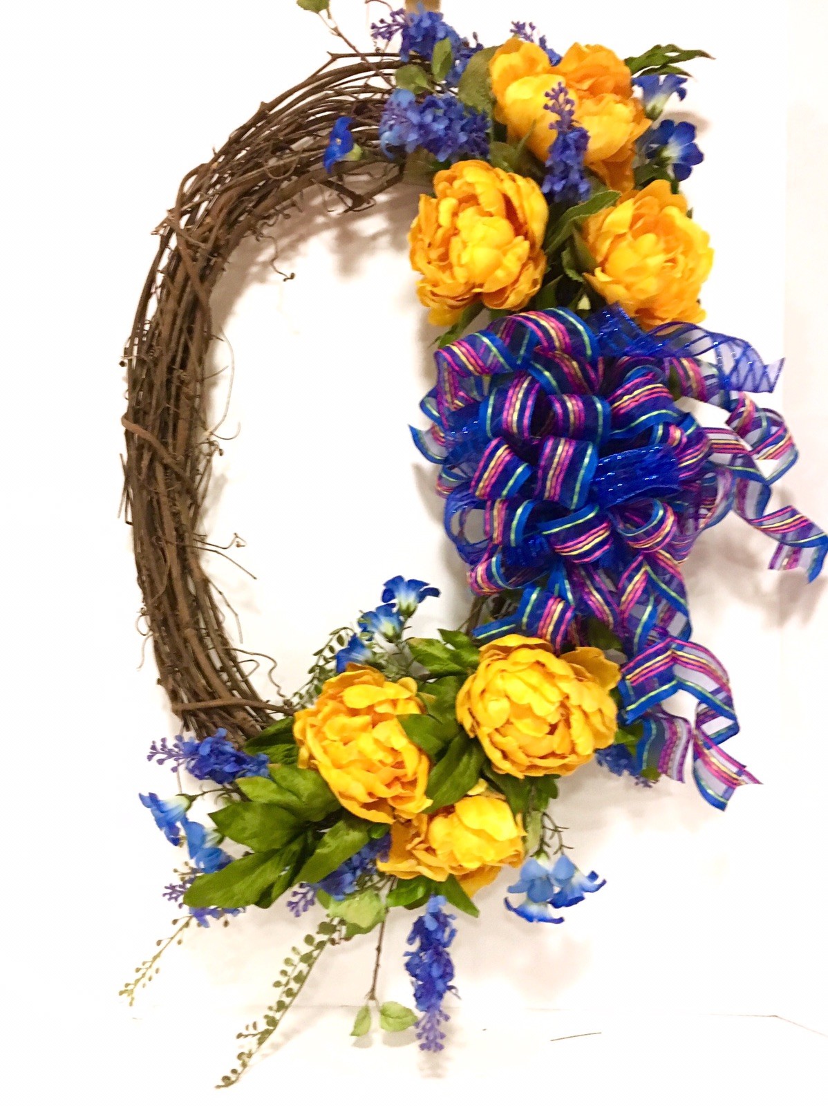 Spring Summer All Season OVAL Floral Wreath Blue Gold Yellow Indoor Outdoor 24”