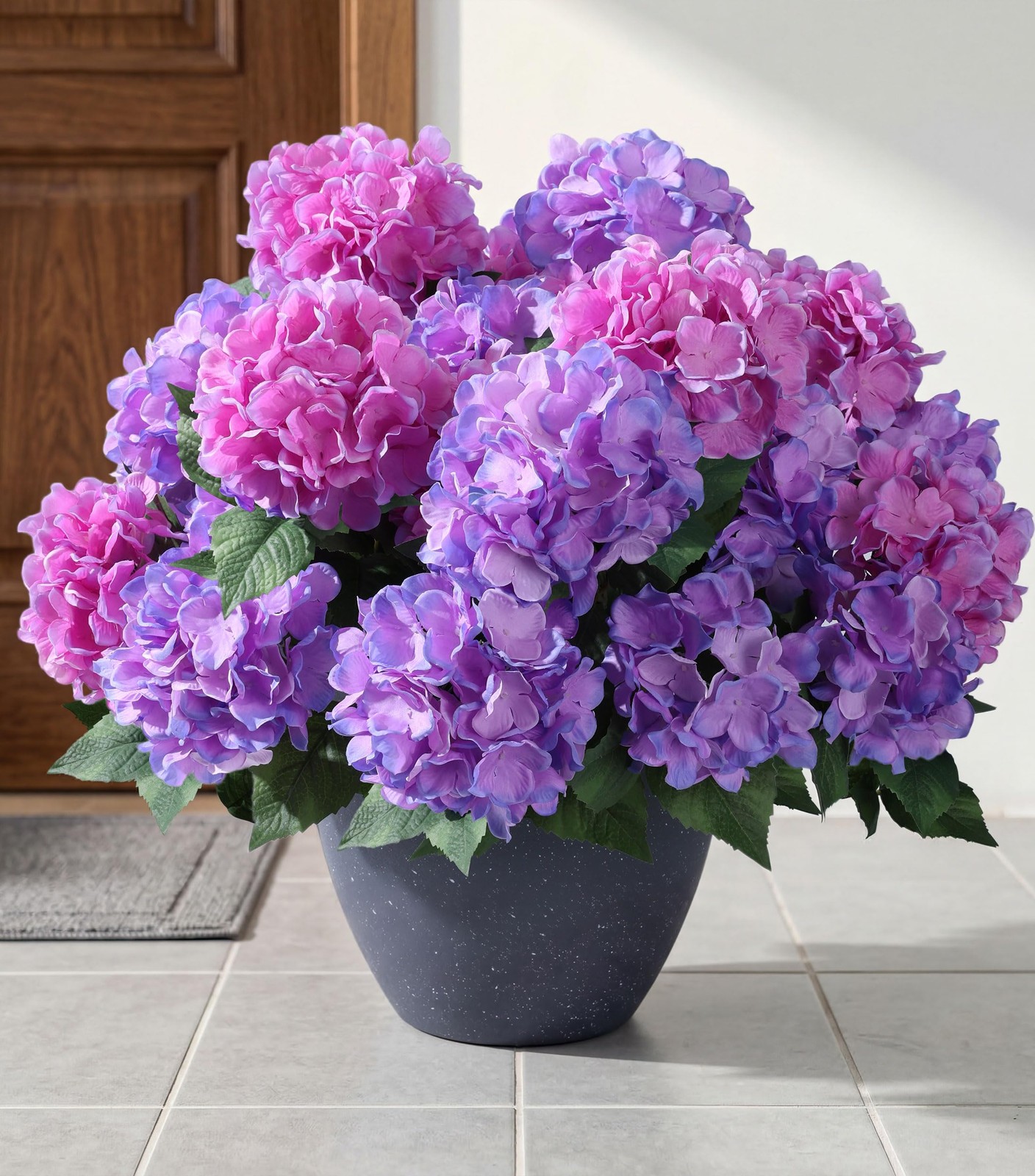 Artificial Flowers for Outdoors, 4 PCS Purple Fuchsia Fake Silk Hydrangea Flo…
