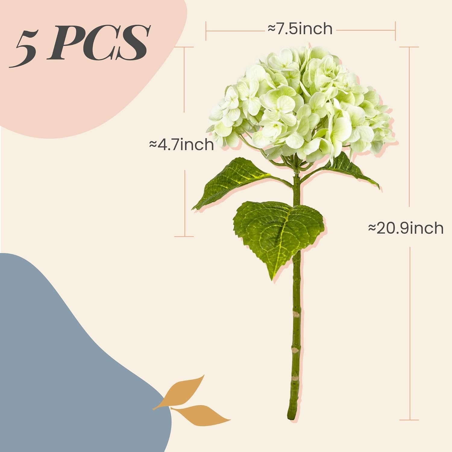 21In Light Green Artificial Hydrangea Flowers 5 Pcs Real Touch 3D Print Latex