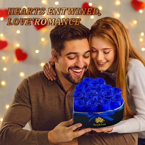 Heart-Shaped Blue Roses in Box – 16 Preserved Real Flowers for Eternal Gifts
